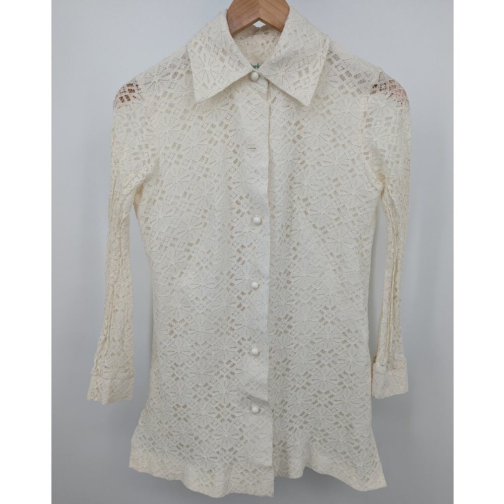 Vintage 70s Parkshire Crochet Lace Blouse, Cottagecore Boho, Size Small